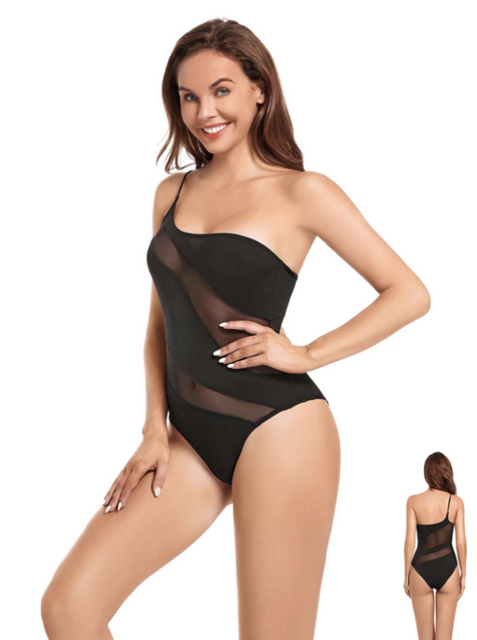 Tan through swimwear women's One Shoulder bikini black